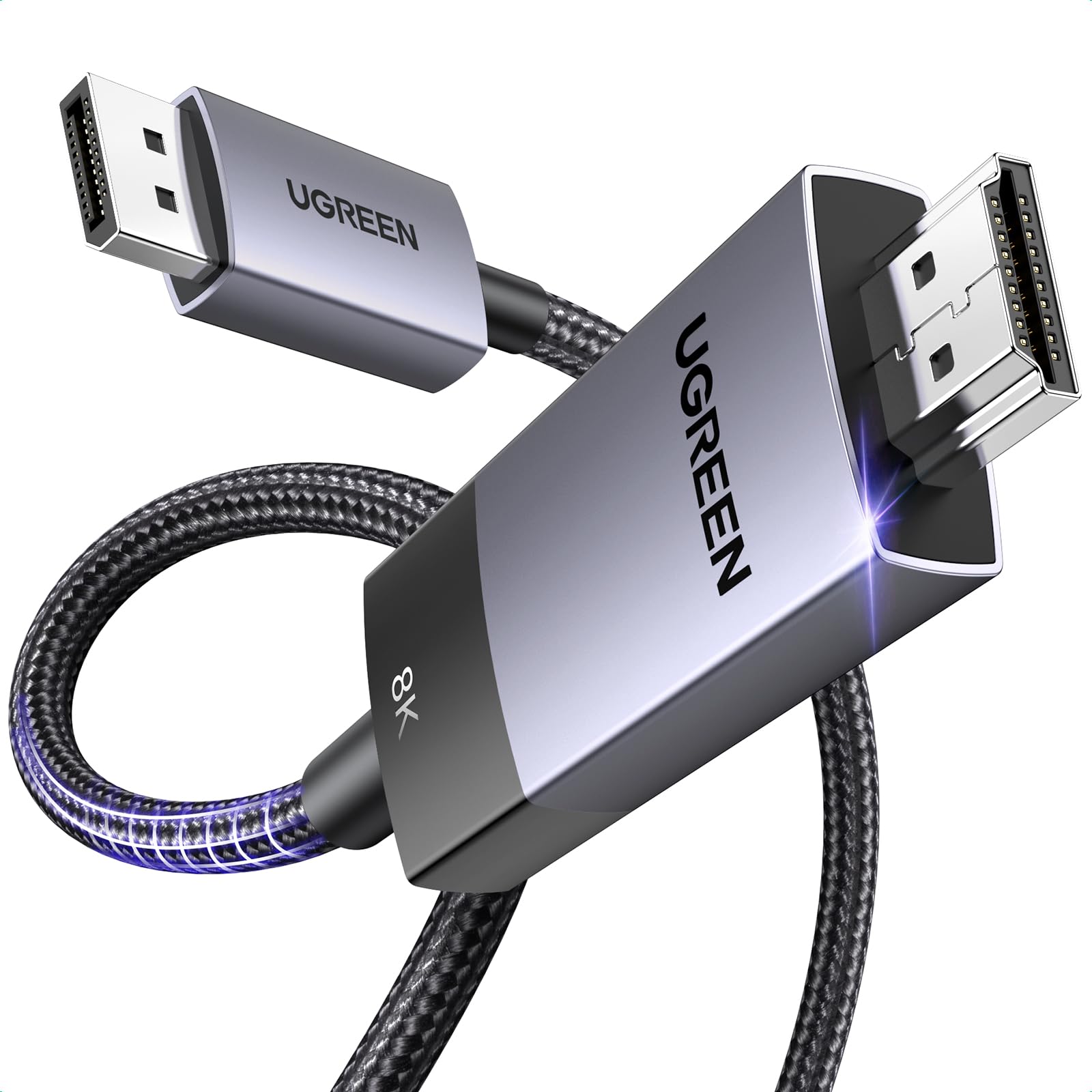 UGREEN DisplayPort to HDMI 変換ケーブル 8K@60Hz 4K@240Hz アクティブ式 DP 1.4 to HDMI 2.1 単方向伝送 HDR, Dolby, HDCP2.3, DSC1.2a, 32.4Gbps 高耐久性ナイロン編み モニター, Dell, HP, HDTV, AMD NVIDIAなどに対応 1M