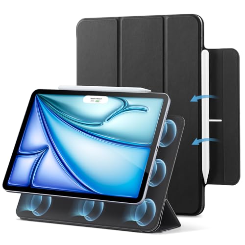 ESR iPad Air 11インチ(M2) ケース(2024) iPad Air 第5/4世代 ケース(2022/2020)、iPad Pro 11 ケース(2018)専用 強力マグネット吸着式、スリムな三つ折りスタンドケース、Pencil Pro/USB-C完全対応、自動ウェイク/スリープ、耐久性保護、Reboundシリーズ、ブラック