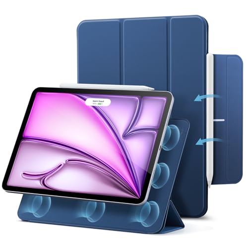 ESR iPad Air 13インチ ケース（2024）iPad Pro 12.9 ケース(2022/2021/2020)専用 強力マグネット吸着式、スリムな三つ折りスタンドケース、Pencil Pro/USB-C完全対応、自動ウェイク/スリープ、耐久性保護、ブルー