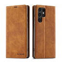 QLTYPRI Samsung Galaxy S22 Ultra ケース ギャラクシーS22 Ultra ケース 手帳型 本革 人気 高級PUレザー TPU バンパー カード収納 Qi充電対応 横置き機能 サイドマグネット 耐衝撃 耐摩擦 指紋防止 - ブラウン