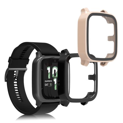 kwmobile 2x ケース 対応: Garmin Venu Sq 2 Music/Sq 2 カバー - フルボディ ガラス 耐衝撃 超薄型 黒色/アンティークピンク