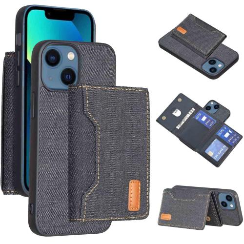 Anrek APPLE iPhone 14 6.1 inch 用 デニムケース カード収納 縄掛 手帳型 ケース（ブラック） アップル アイフォン14 iPhone14 (6.1インチ） 背面カバー 両用 磁石吸着 名刺入れ 分離式 取り外し自由 車載 耐衝撃 財布合一 ケース アップルiphone14 BLACK