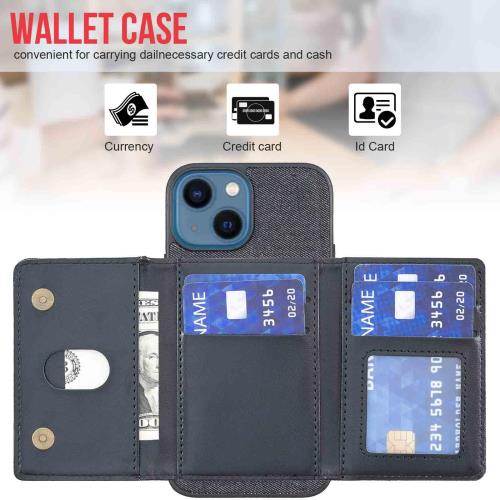 Anrek APPLE iPhone 14 6.1 inch 用 デニムケース カード収納 縄掛 手帳型 ケース（ブラック） アップル アイフォン14 iPhone14 (6.1インチ） 背面カバー 両用 磁石吸着 名刺入れ 分離式 取り外し自由 車載 耐衝撃 財布合一 ケース アップルiphone14 BLACK