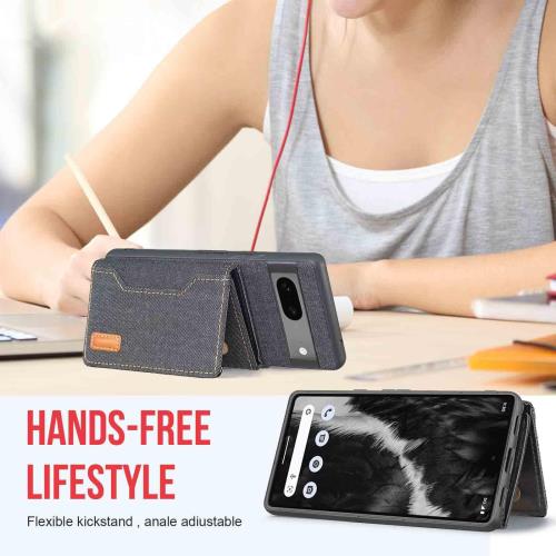 Anrek Google Pixel 7 Pro au Softbank 用 デニムケース カード収納 縄掛 手帳型 ケース（ブラック） グーグル ピクセル7プロ ソフトバンクpixel7pro 背面カバー 両用 磁石吸着 名刺入れ 分離式 取り外し自由 車載 耐衝撃 財布合一 ケース グーグルpixel7pro BLACK