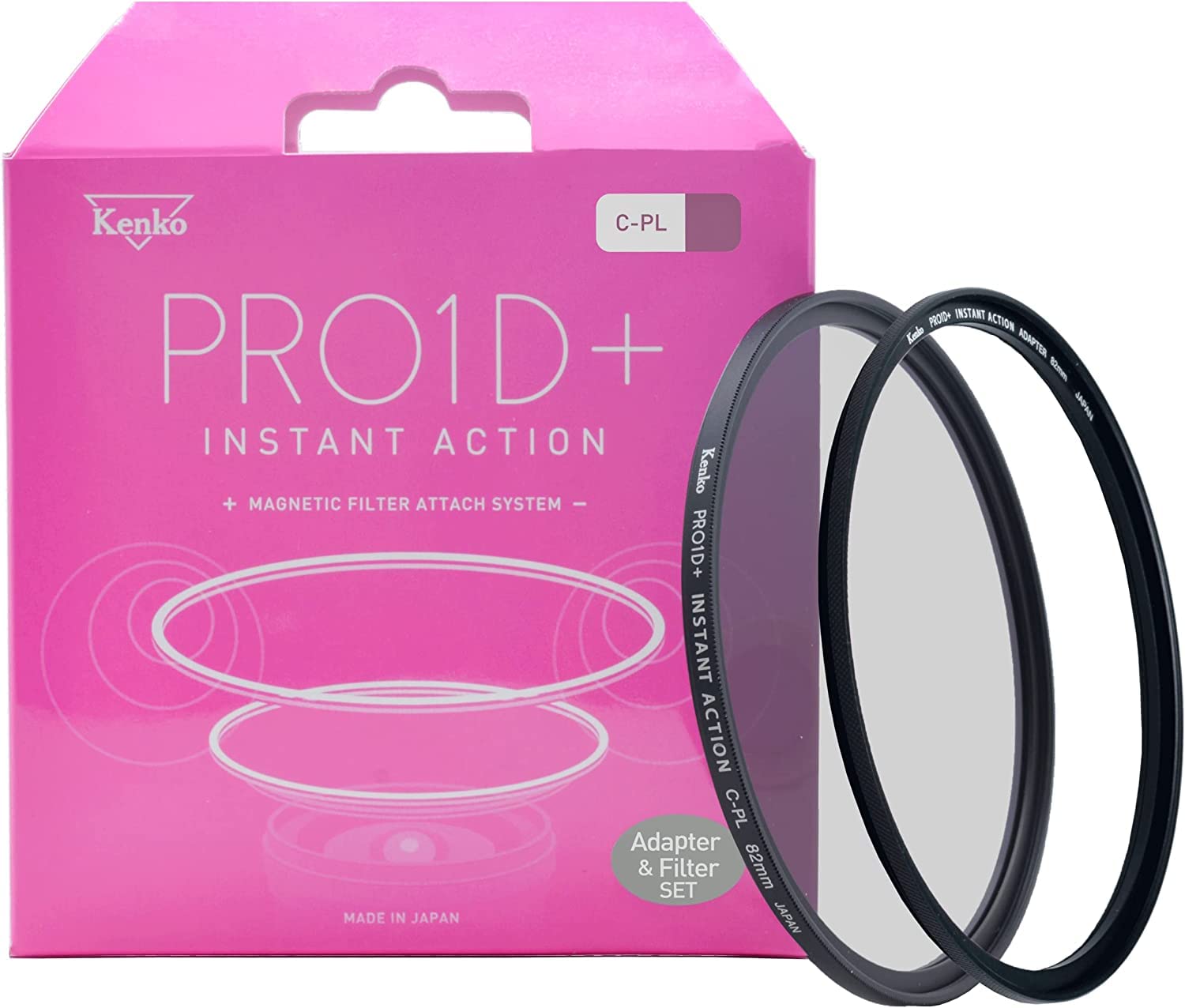 ケンコー 逆輸入モデル Kenko PLフィルター PRO1D+ INSTANT ACTION C-PL セット 52mm マグネット式 ワンタッチ着脱 撥水・撥油コーティング コントラスト・反射調整用 日本製 400364 ブラック