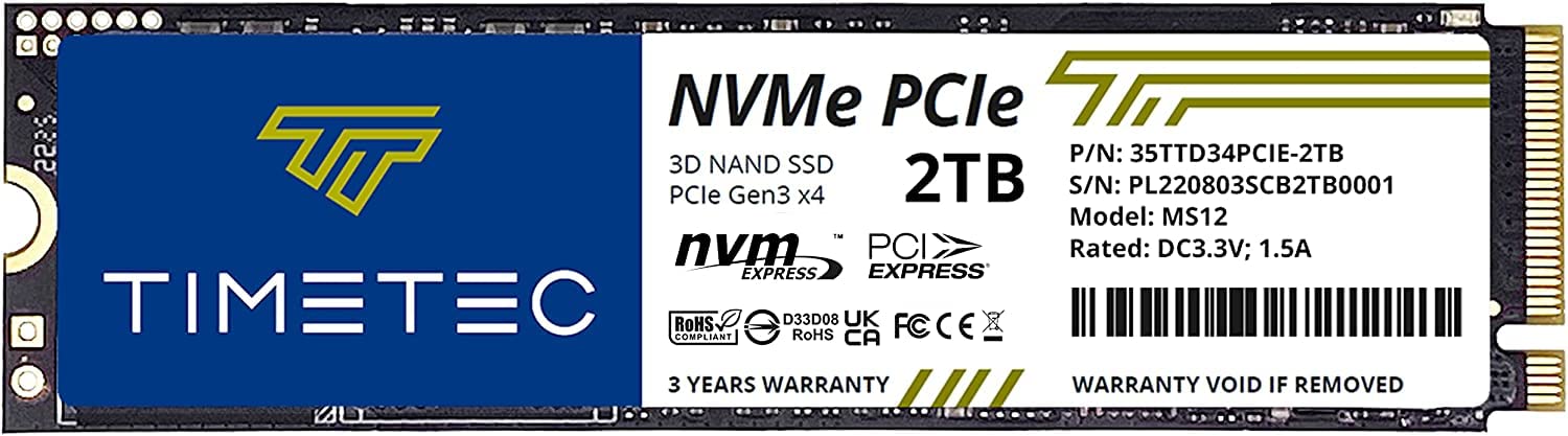 Timetec M.2 2280 NVMe PCIe Gen3x4 8Gb / 秒 3D NAND内蔵型 SSD 2TB