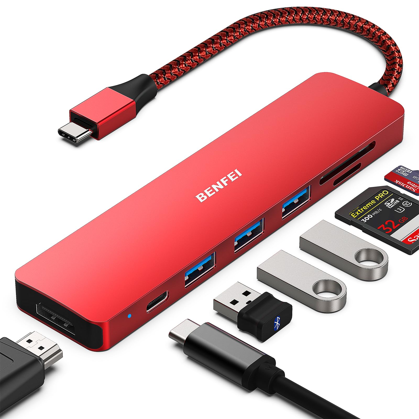 BENFEI USB C ハブ 7in1、USB C ハブ マルチポート アダプター、USB-C - HDMI 4K@30Hz、USB-C - SD/TF カードリーダー/3*USB 3.0/ PD 60W 充電 パワーデリバリー Thunderbolt 3/4 iPhone 15 Pro/Max, MacBook Pro/Air 2023, iPad Pro, iMac, XPS などに対応-赤