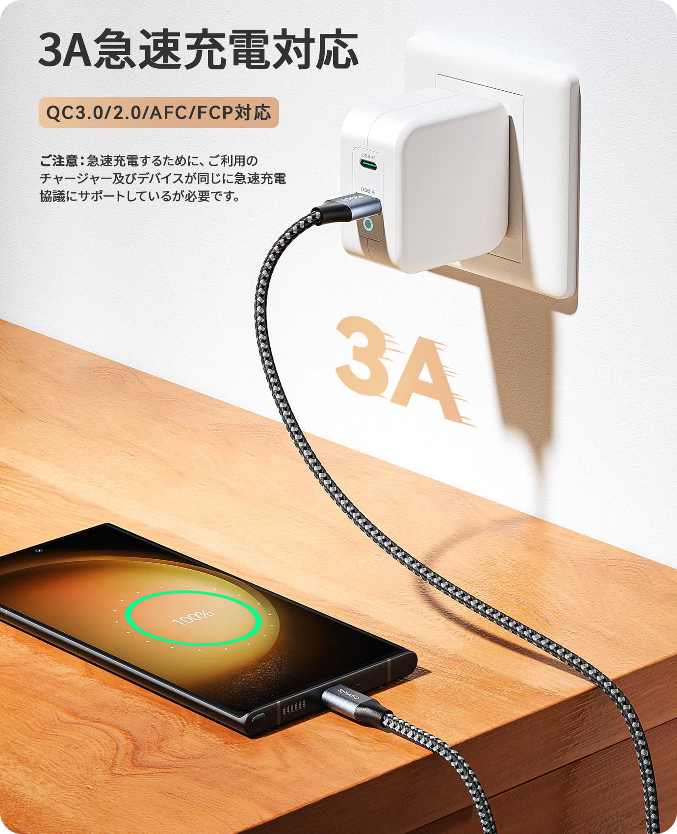 USB Type C ケーブル 1M/2本セット NIMASO タイプc ケーブル QC3.0対応 急速充電 USB-C USB-A 3A 充電ケーブル 高速データ転送 高耐久ナイロン素材 iPhone15シリーズ、iPad Pro、Sony、Galaxy、Huawei その他Android 等機器対応 NCA21L410