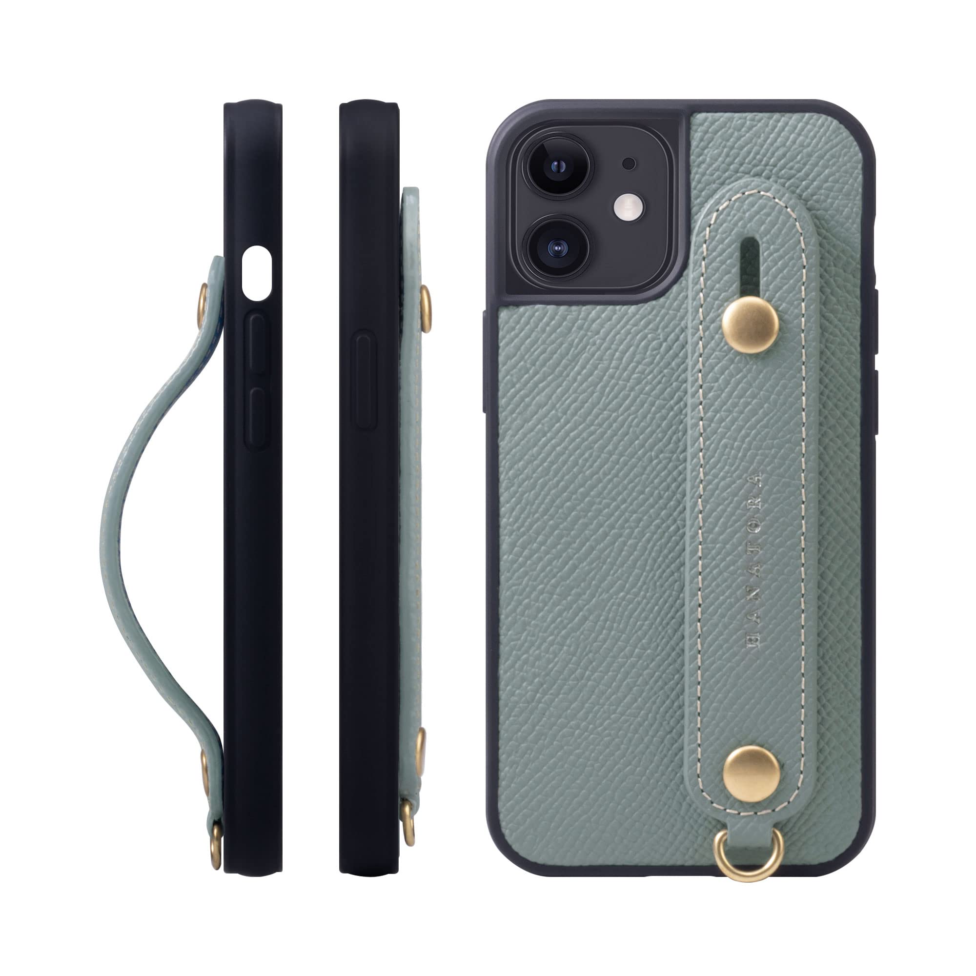 [HANATORA] iPhone 12 mini ケース 本革 グリップケース エンボスレザー ストラップ付属 片手操作 スタンド機能 メンズ レディース ブルー ラン NGH-12Mini-Bluelin