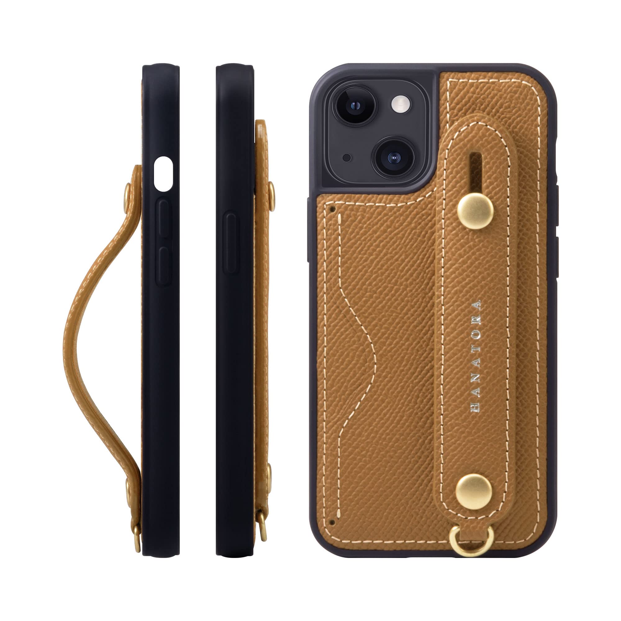 [HANATORA] iPhone13 mini ケース 本革 グリップケース エンボスレザー ストラップ付属 片手操作 カードポケット スタンド機能 メンズ レディース キャラメル NCGH-13Mini-Caramel