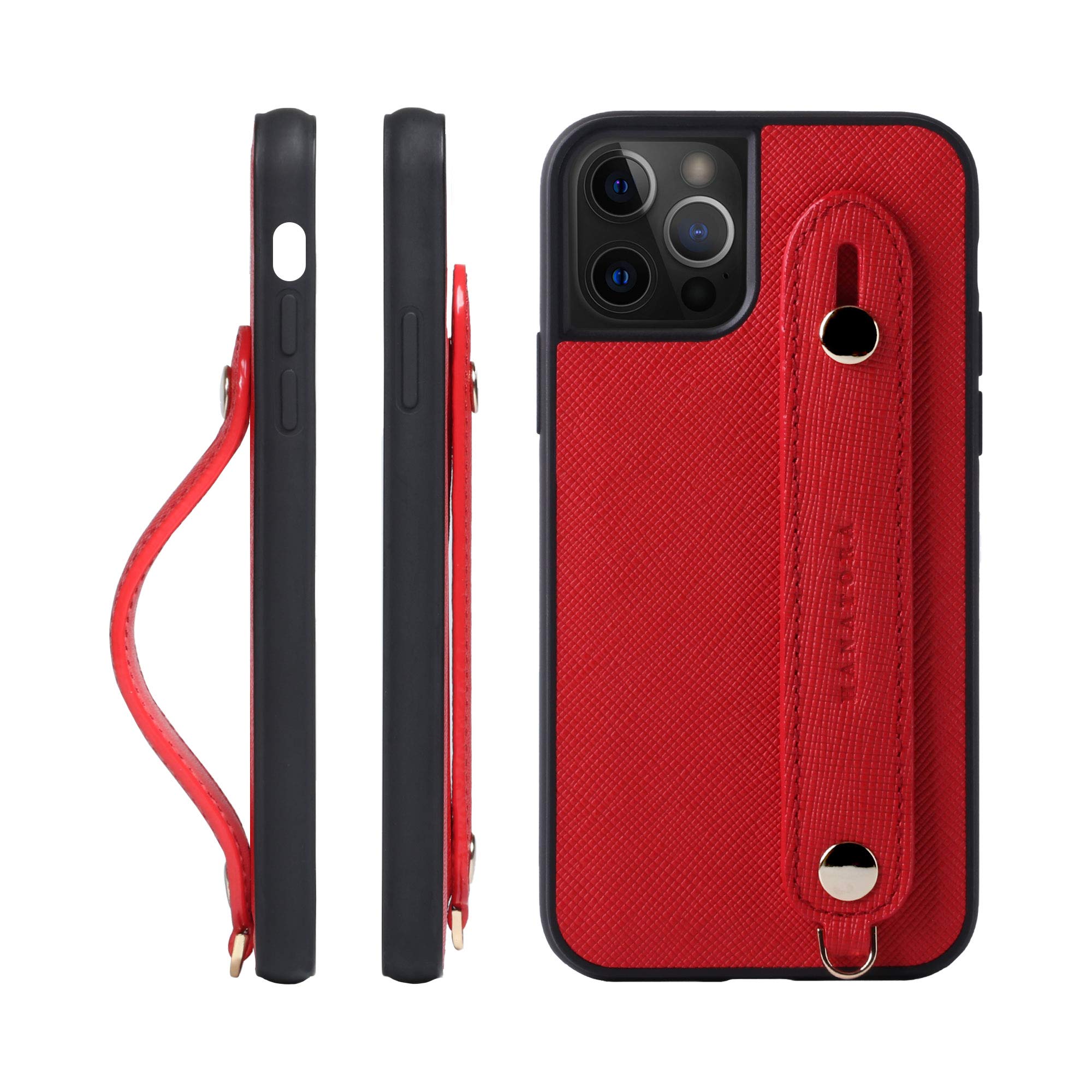[HANATORA] iPhone12/iPhone12 Pro ケース 本革 サフィアーノ・レザー スマホケース 落下防止 耐衝撃 スタンド機能 ハンディベルト ハンドメイド ストラップホール ストラップリング ギフトにも最適品 Handy 赤 スカーレット レッド XGH-12Pro-Red
