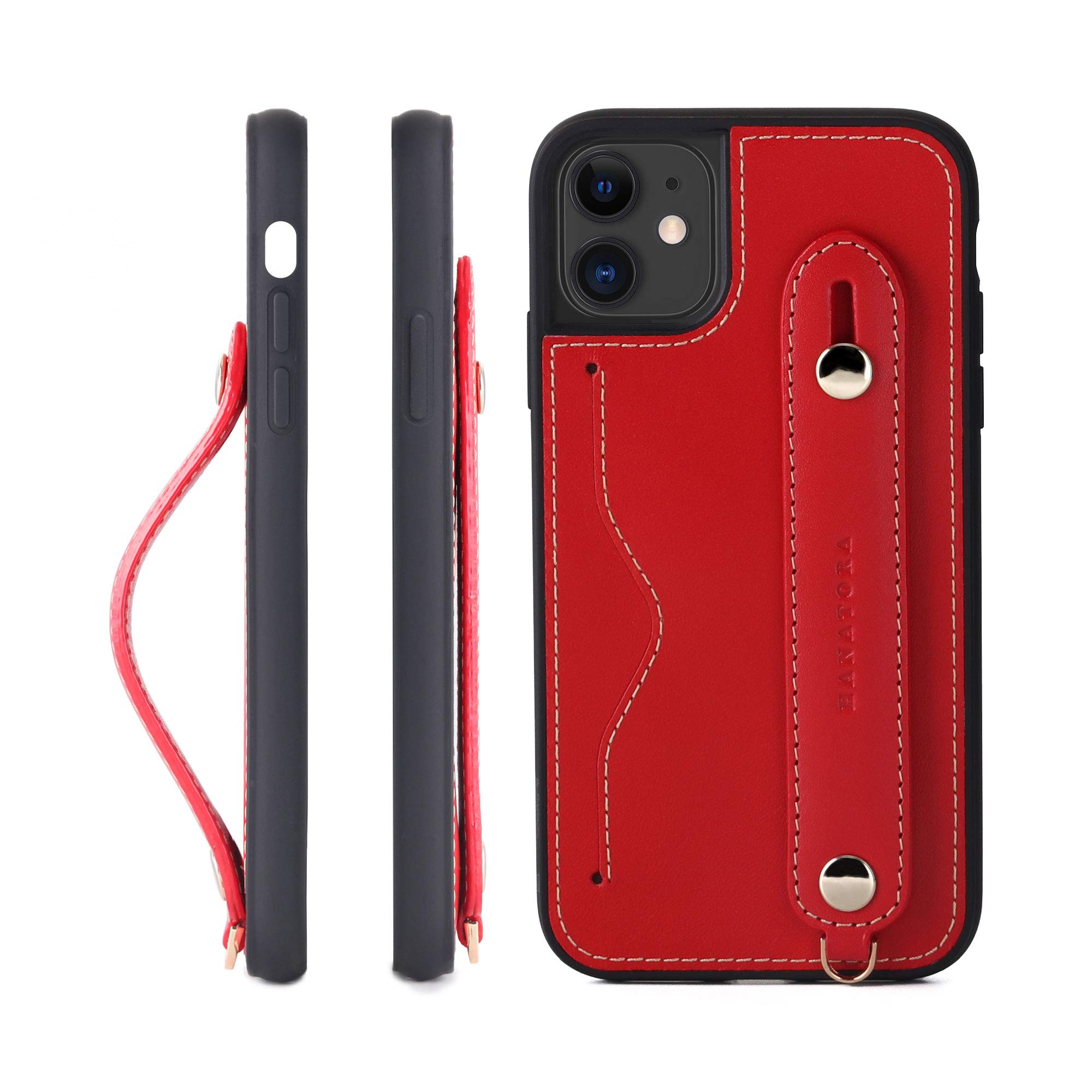 HANATORA IPhone 11 グリップケース レザー 本革 ストラップ付属 イタリア製牛革 ヌメ革 片手操作 カード収納 スタンド機能 メンズ レディー...