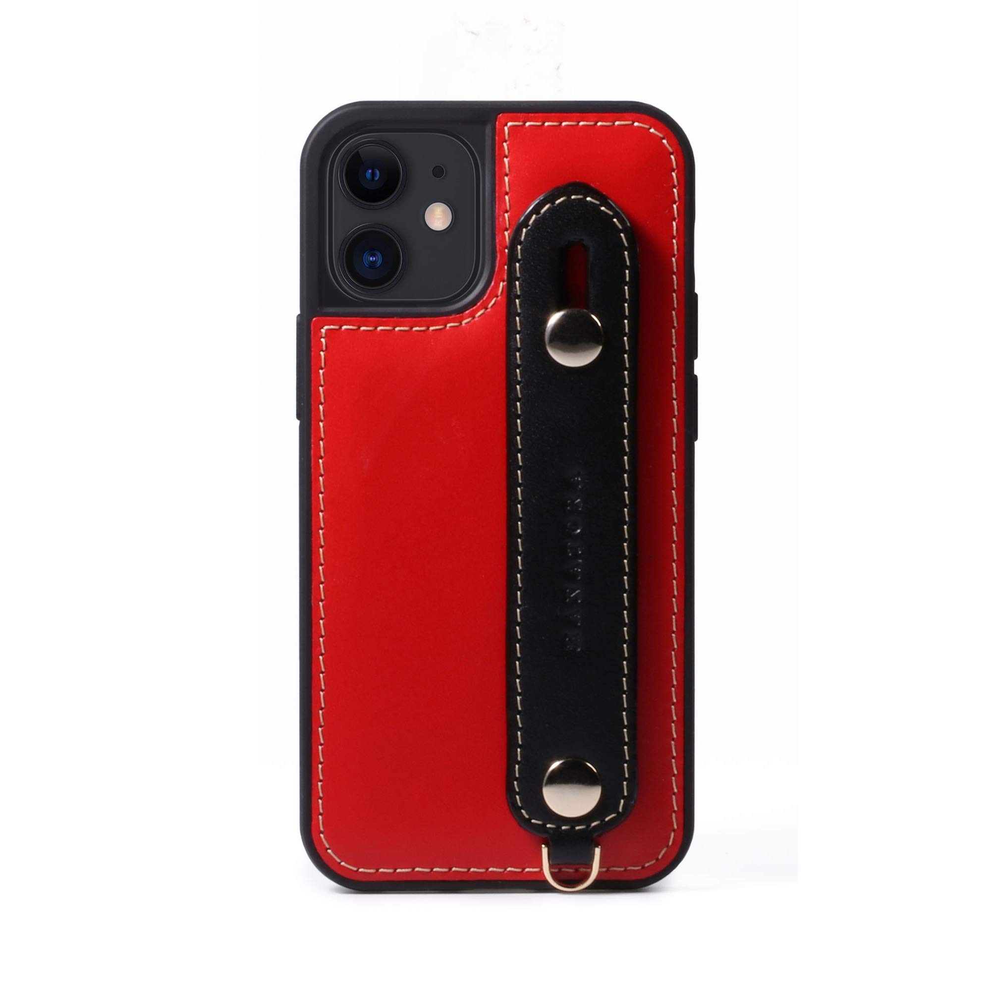 [HANATORA] iPhone12 mini ケース 本革 イタリアンレザー スマホケース 落下防止 耐衝撃 スタンド機能 ハンディベルト ハンドメイド ストラップホール ストラップリング ギフトにも最適品 Fleur バイカラー レッド×ブラック 赤×黒 GH-12MiniRed-Black