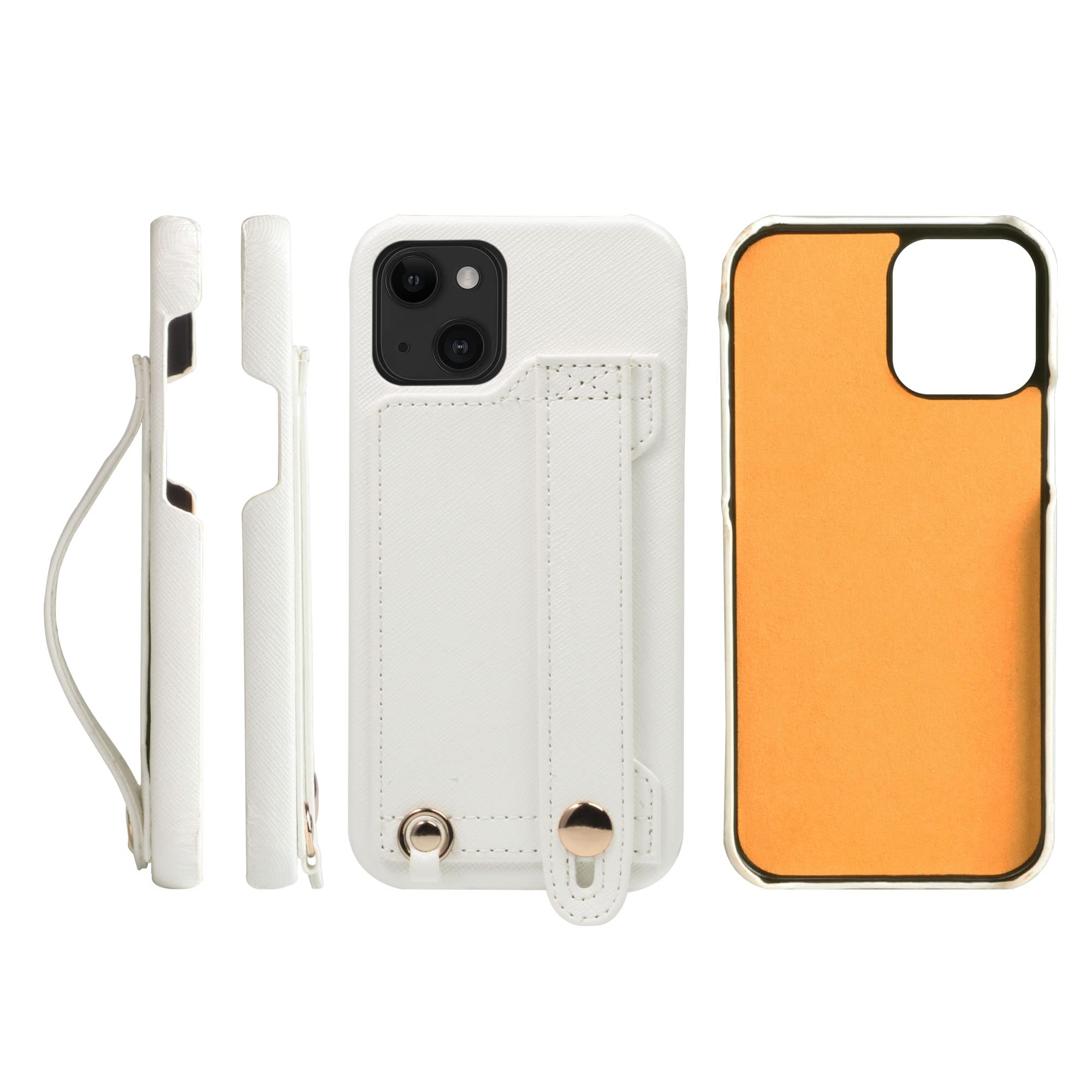 [HANATORA] iPhone 14 ケース Handy ハードケース PUレザー 耐衝撃 スタンド機能 ハンディベルト ハンドメイド ストラップホール ストラップリング カードポケット ホワイト 白 H6-14-White