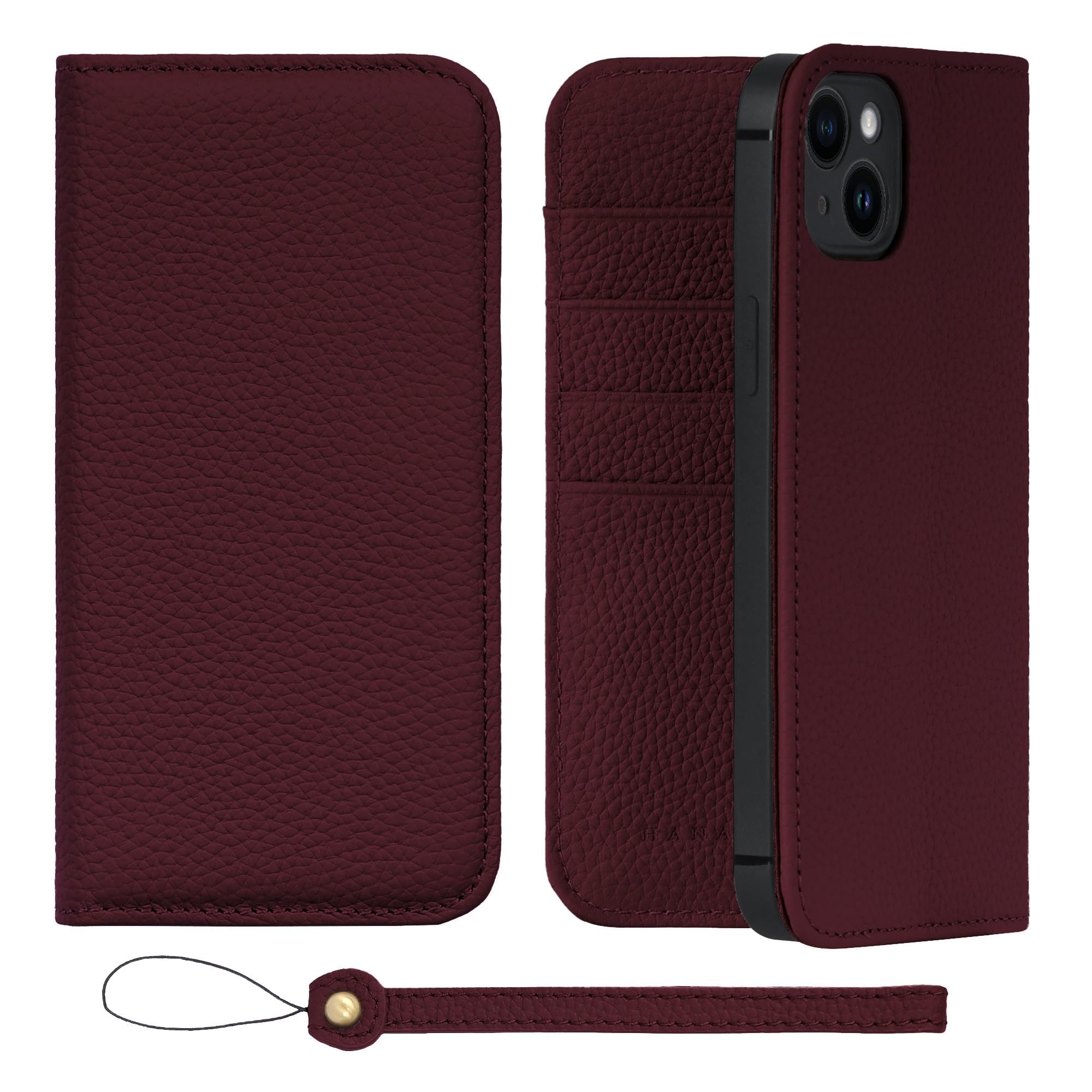 [HANATORA] iPhone15Plus ケース 手帳型 本革 シュリンクカーフレザー スマホケース スタンド機能 ベルトなし マグネットなし ワインレッド H0XA-15Plus-Wine