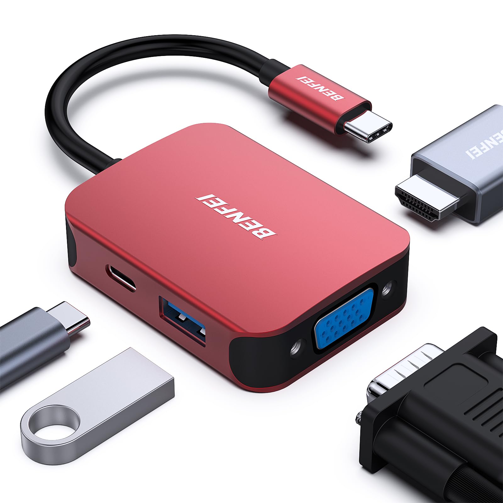 BENFEI 4in1 USB C nuAUSB C-HDMI VGA USB3.0 PD[dA_v^AThunderbolt 3/4 ݊ ^Cvc HDMI VGA ϊA_v^ iPhone 15 Pro/Max, MacBook Pro/Air 2023, iPad Pro, iMac, S23, XPS 17 ȂǂɑΉ..