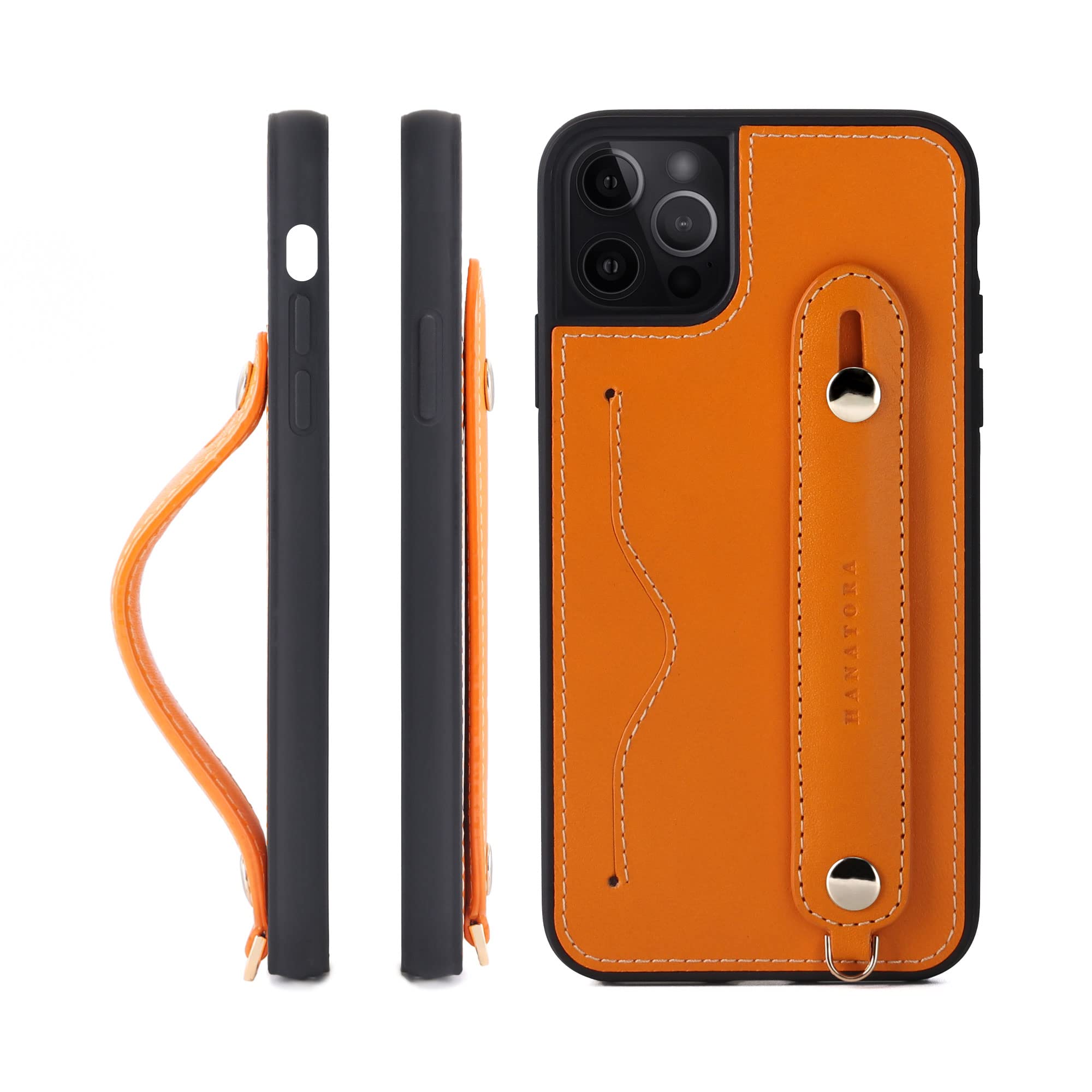 [HANATORA] iPhone13 Pro Max ケース 本革 グリップケース レザー ストラップ付属 イタリア製牛革 ヌメ革 片手操作 カード収納 スタンド機能 メンズ レディース オレンジ CGH-13ProMax-Orange