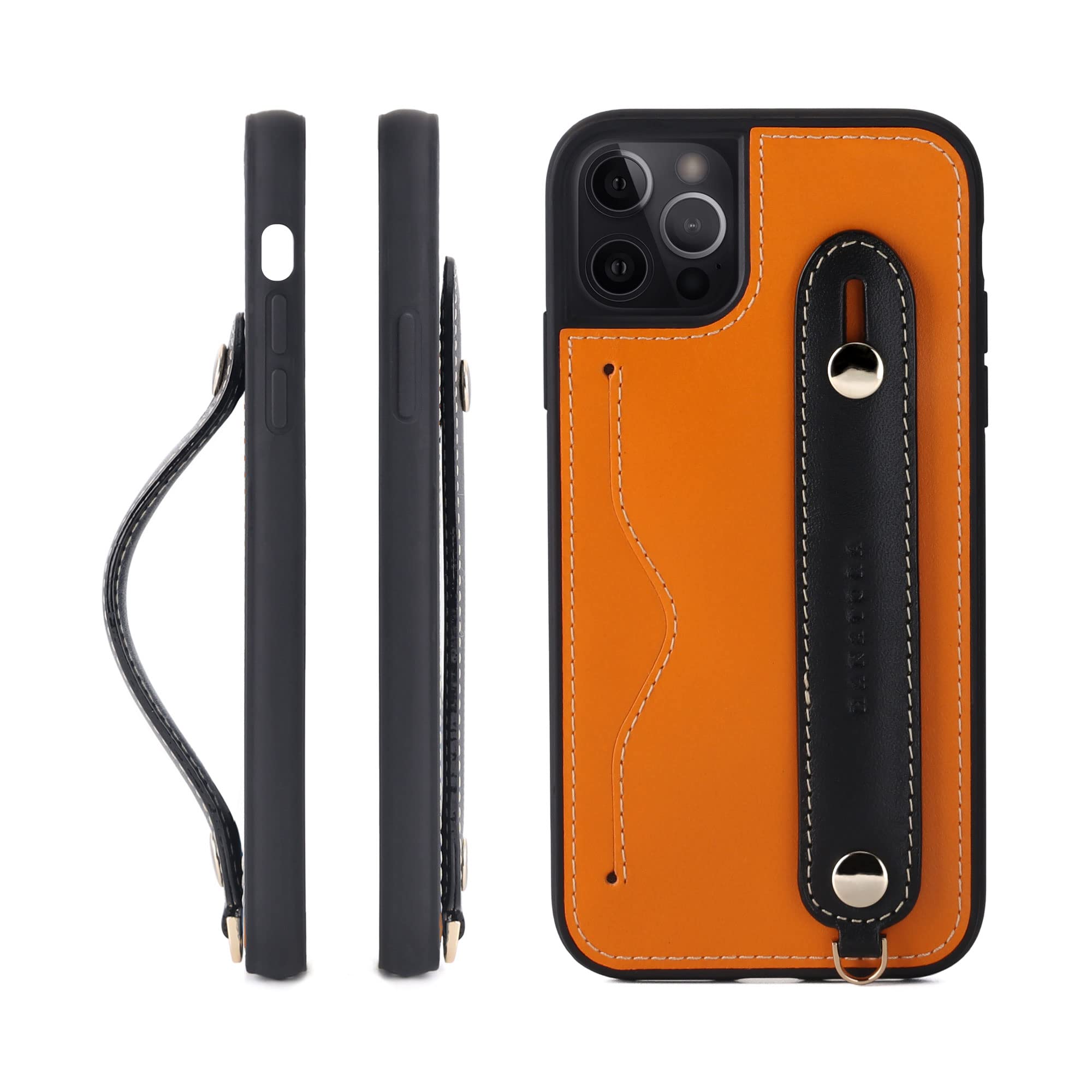 [HANATORA] iPhone13 Pro ケース 本革 グリップケース レザー ストラップ付属 イタリア製牛革 ヌメ革 片手操作 カード収納 スタンド機能 メンズ レディース オレンジ/ブラック CGH-13Pro-Orange-BK