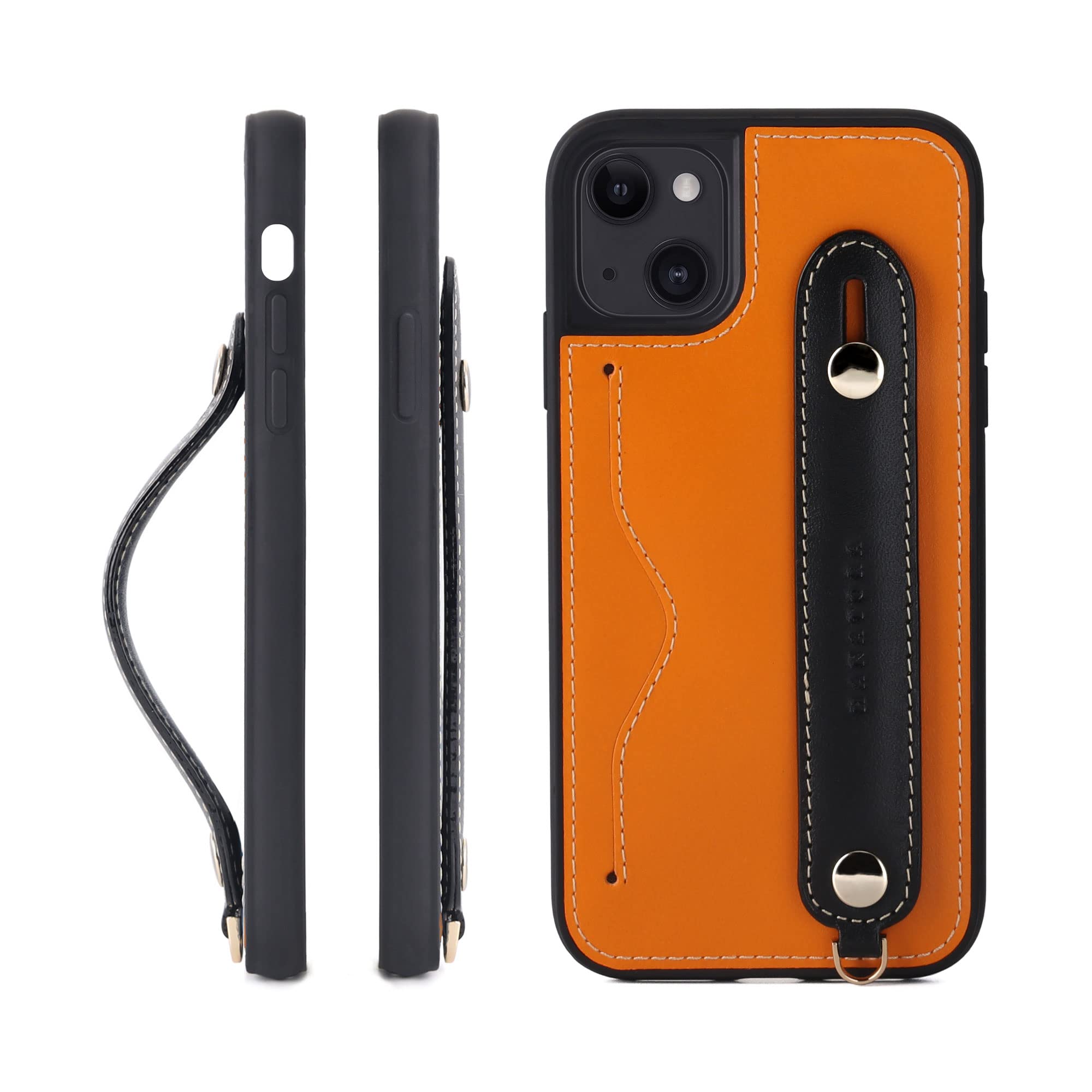 [HANATORA] iPhone13 ケース 本革 グリップケース レザー ストラップ付属 イタリア製牛革 ヌメ革 片手操作 カード収納 スタンド機能 メンズ レディース オレンジ/ブラック CGH-13-Orange-BK