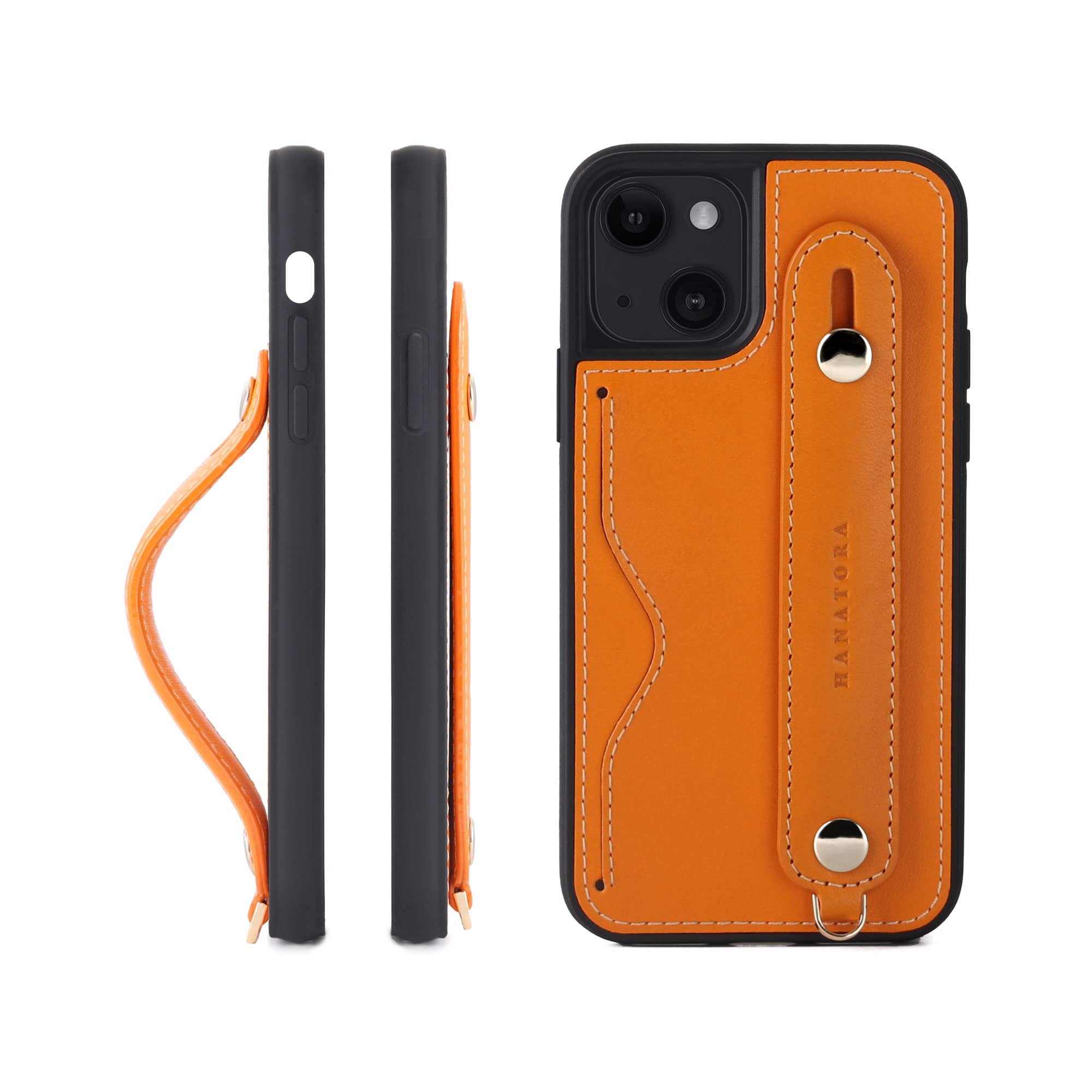 [HANATORA] iPhone13 mini ケース 本革 グリップケース レザー ストラップ付属 イタリア製牛革 ヌメ革 片手操作 カード収納 スタンド機能 メンズ レディース オレンジ CGH-13Mini-Orange