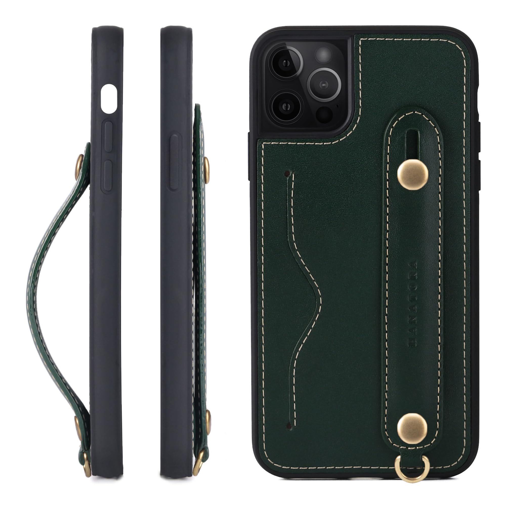 [HANATORA] iPhone 15 Pro Max ケース 本革 グリップケース レザー ストラップ付属 イタリア製牛革 ヌメ革 片手操作 カード収納 スタンド機能 メンズ レディース グリーン CGH-15ProMax-Green