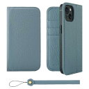 HANATORA iPhone15 ケース 手帳型 本革 スマホケース スマホ スタンド ストラップ 付き シュリンクカーフレザー ギフト ベルトなし マグネットなし ブルーグレー H0XA-15-BlueGray