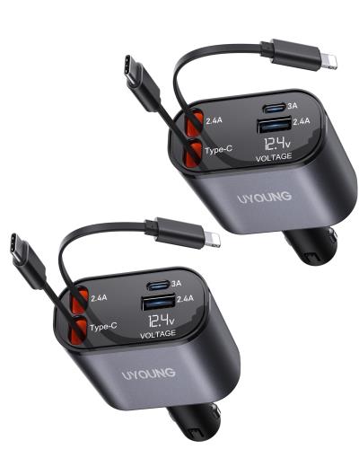 巻き取り式 車載充電器 4-in-1 車 シガーソケット Type C 66W/Lightning 20W 急速充電 USBしがーソケット 4台同時充電可能 LED表示電圧 Phone16/15/14/13/12 AQUOS Galaxy S25 Pixel Xperia対応 12V/24V 車対応「2個セット」