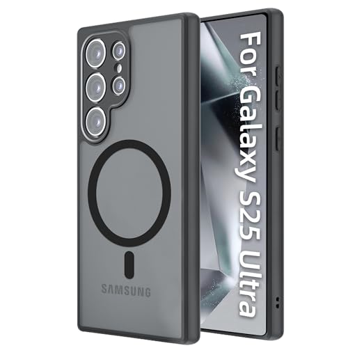 ZXZone ケース Galaxy S25 Ultra 用 ケースMagsafe対応 ギャラクシー S25 Ultra カバー 半透明上品感 マット感 耐衝撃 画面保護 レンズ保護 米軍MIL規格 滑り止め 指紋防止 黄変防止 ストラップホール付き ワイヤレス充電対応 スマホケース ブラック (Galaxy s25 ultra 対応)