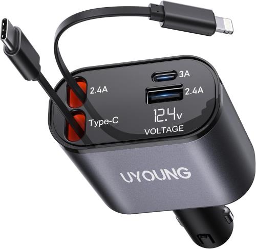 4in1 車用充電器 シガーソケット巻き取り式充電ケーブル2本 4台同時に充電 Type-C100W/Lightning 20W急速充電 iPhone16/15/14/13/12 AQUOS Galaxy S25 Pixel Xperia対応 12V/24V LED表示電圧 旅行 便利グッズ カー用品 ハイエース 車用品