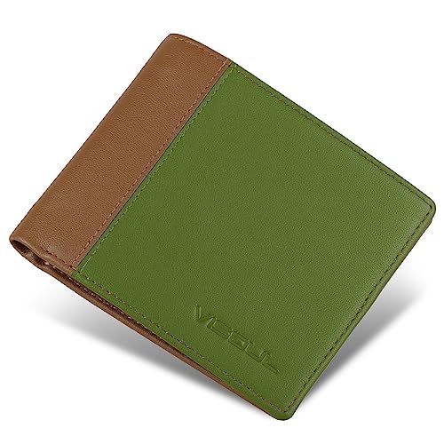 [VISOUL] 札入れ 財布 メンズ 二つ折り 本革 9枚カード入れ 写真入れポケット 小銭入れなし 免許証入れ 超薄型 大容量 札入れ 小銭入れなし 2つ折り人気 一流の革職人が作る グリーン・チョコレート