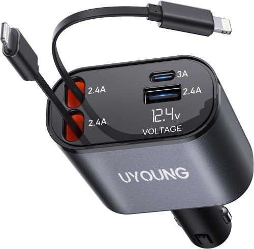 シガーソケット 巻き取り式ケーブル2本 ライトニングコード20W 急速充電 4台同時に充電カーチャージャー 車載充電器 iPhone 14 13 12 11 8 iPad AQUOS Galaxy S25 Pixel Xperia対応 12V/24V LED表示電圧 旅行 便利グッズ カー用品 ハイエース 車用品