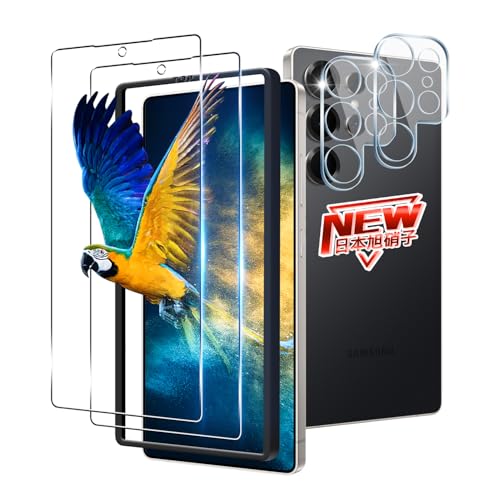 2+2枚セット ガイド枠付き 対応 Galaxy S25 Ultra ガラスフィルム 2枚 + レンズ保護フィルム 2枚 指紋認証 対応 ギャラクシーS25 Ultra フィルム 強化ガラスフィルム ケース 硬度9H 日本旭硝子製 対応 Galaxy S25 Ultra 5G 保護フィルム キズ防止 耐衝撃 飛散防止 全面保護