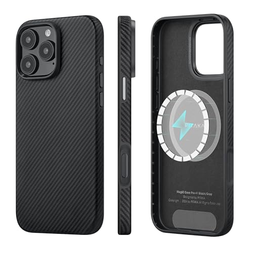 「PITAKA」iPhone 16 Pro用 ケース 軍用グレード保護ケース 耐衝撃 全面保護 MagSafe対応 アラミド繊維製 傷防止 ワイヤレス充電対応 おしゃれ 6.3インチ (黒/グレー）