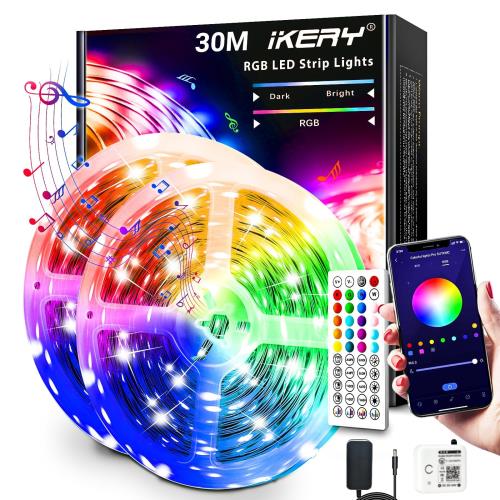 IKERY LEDテープライト 30M 音楽連動 アプリ＋リモコン制御 マイク音に反応 1600万色 LEDテープ 調光調..