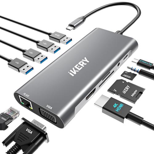 USB-C ハブ ドッキング ステーション 11-in-1 5 Gbps USB-A および USB-C PD 4K HDMI VGA USB 3.0 ポー..