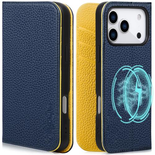 VISOUL iPhone 17 Pro 対応 ケース 手帳型 本革 アイフォン17 プロ 手帳型ケース MagSafe対応 スマホケース レザー カード収納 携帯カバー 横置きスタンド機能付き マグネット式 全面保護 柔軟なTPU素材 アイホン17 Pro ネイビー・レモン