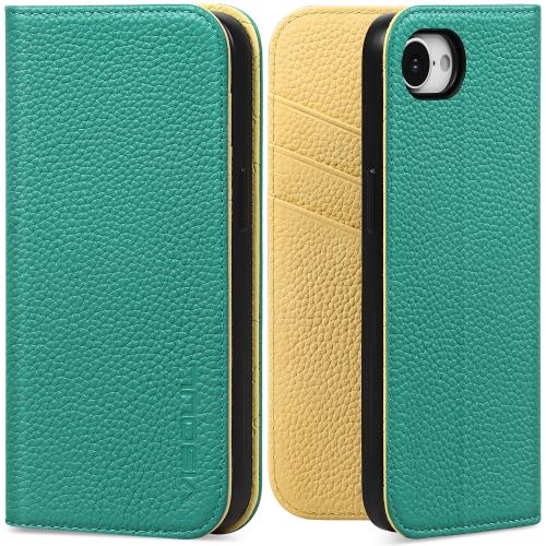 VISOUL iPhone16e 対応 ケース 手帳型 本革 アイフォン16e 手帳型ケース レザー カード収納 携帯ケース 全面保護 マグネット 横置きスタンド機能付き手帳型ケース 柔軟なTPU素材 アイホン16e コバルトグリーン レモン