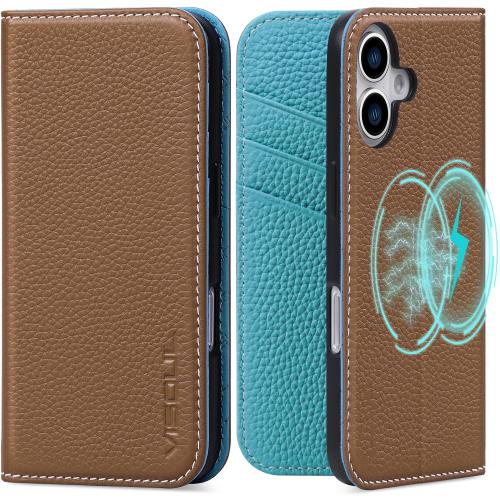 VISOUL iPhone16 対応 ケース 手帳型 本革 MagSafe対応 アイフォン16 手帳型ケース 横置きスタンド機能 レザーケース カード収納 全面保護 柔軟なTPU素材 スマホケース アイホン16 ブラウン ブルー