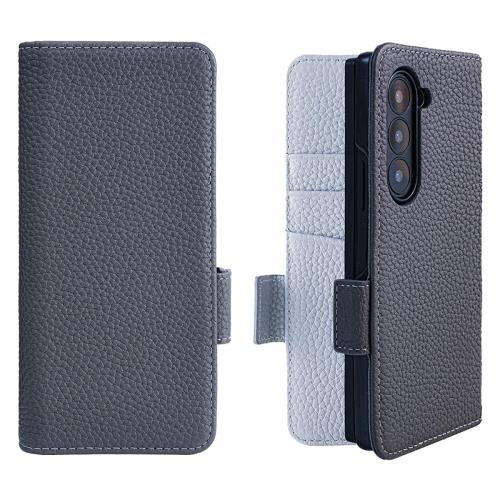 NanHou Galaxy Z Fold 7 ケース 本革 手帳型 カバー 耐衝撃 保護 カバー 本革 内蔵マグネッ RFIDト 財布型 Fold 7 5G 携帯カバー カードポケット スタンド機能 - ダークグレ/ライトグレー