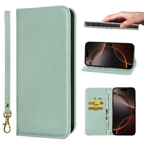 NanHou For iPhone 17 Pro Max ケース 手帳型 超繊皮 RFIDト 財布型 カバー 手帳型 耐衝撃 保護カバー 内蔵マグネット携帯カバー カードポケット スタンド機能 リストバンド に適した アイフォン 17 Pro Max - ライトグリーン