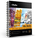 Ohuhu スケッチブック 水彩画用紙 200gsm 254mm×193mm 62枚 超厚口 ミックスメディアスケッチブック 中目 リングタイプ ミシン目付き ...