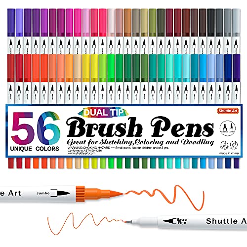 Shuttle Art カラーペン 水彩毛筆 筆ペン 56色セット 水性ペン ブラシペン 極細ペン ツインマーカー 耐..