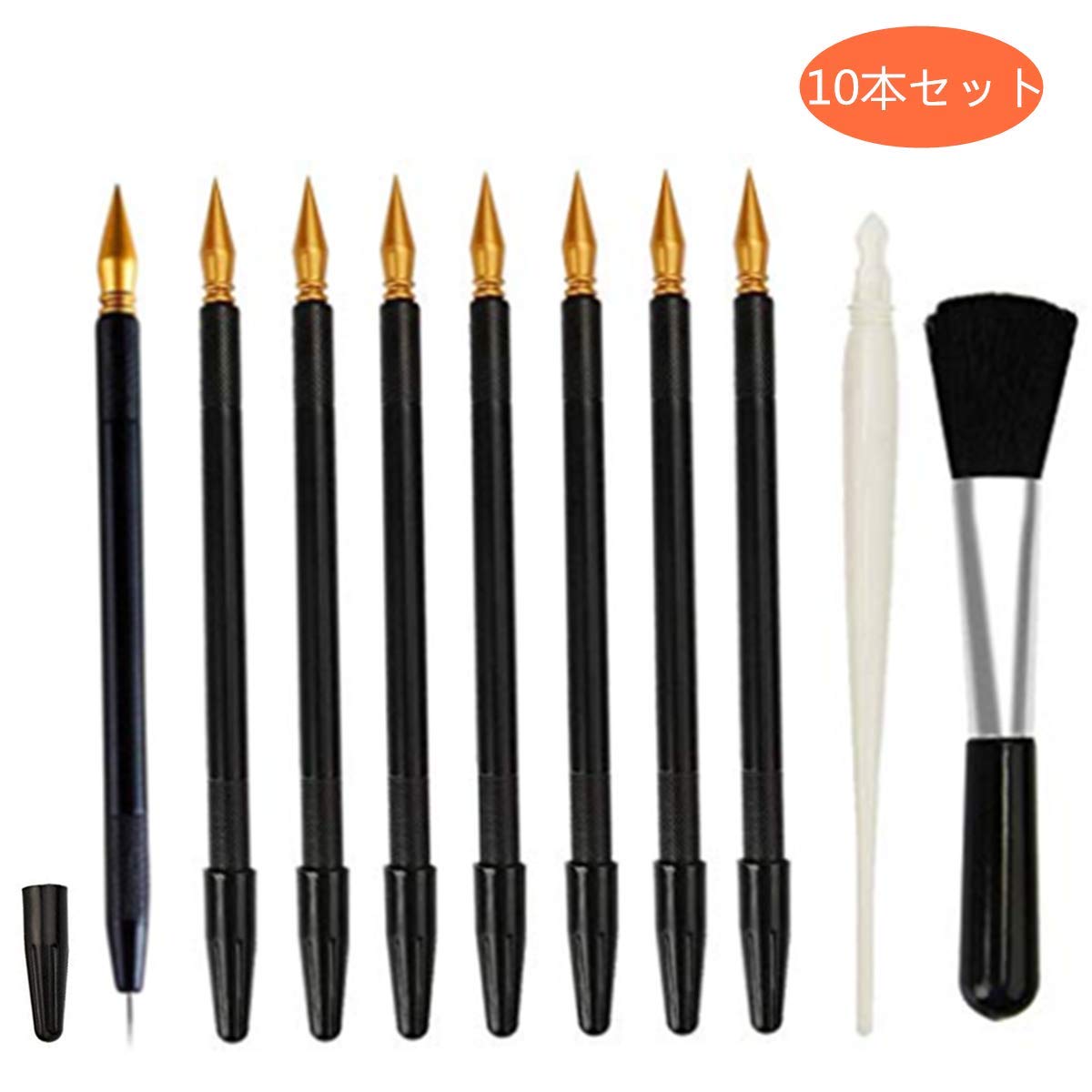 スクラッチ専用道具大流行のスクラッチアート用スクラッチペンのセットです。スクラッチアートを楽しんでいる人にに最適です。 セット内容黒ペン8本（太ペン、細ペンの2wayで使用できる）白ペン1本（大面積のところを削る時に適用する）刷毛1本。 商品詳細材質：プラスチック サイズ：黒ペン：16.8cm、白ペン：13.8cm、刷毛：12.2cmご注意ペン先が尖っていますので、小さなお子様がお手を触れないようご注意ください。使用しないときは極細のペン先にはキャップをしてください。 使い方黒ペンは両端使用可能です。細と極細2種類の太さを持ちます。白ペンは黒ペンよりもっと太く、大面積のところを削る時に役に立ちます。刷毛は柔らかい素材です。細かい削りカスを簡単にきれいにするので作業がしやすくなります。 初心者としてもとても使いやすいです。初心者の練習用に最適です。