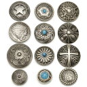 コンチョ ボタン 12個セット ねじ式 アンティーク シルバー 20mm~33mm ターコイズ 唐草 インディアン 龍 五芒星 さくら レザークラフト 財布 手芸