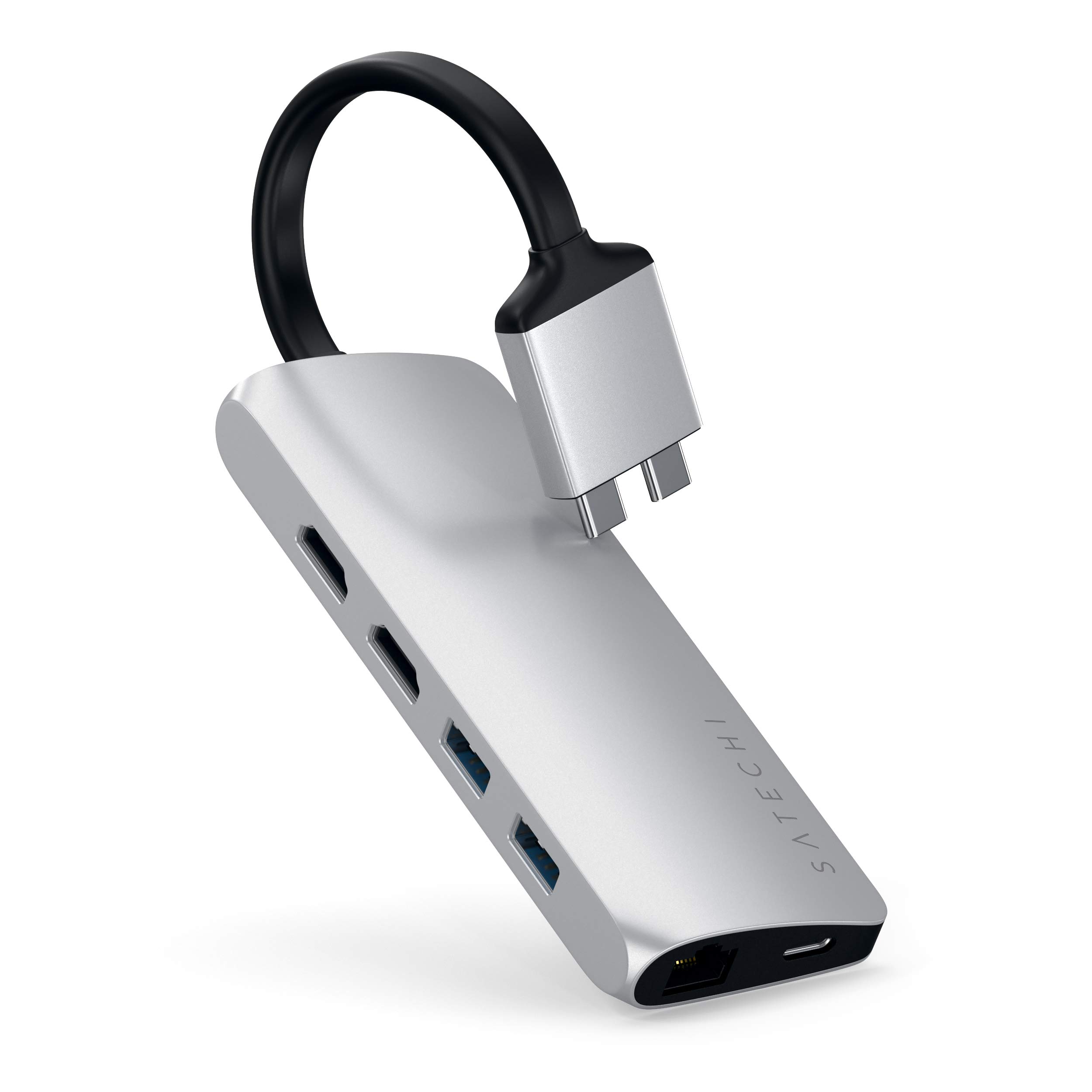 Satechi USB-C デュアル マルチメディア ハブ (シルバー) 4K HDMIx2, USB C PD, イーサネット SDカードリーダー, USB3.0 (MacBook Pro/Air 2018以降対応)