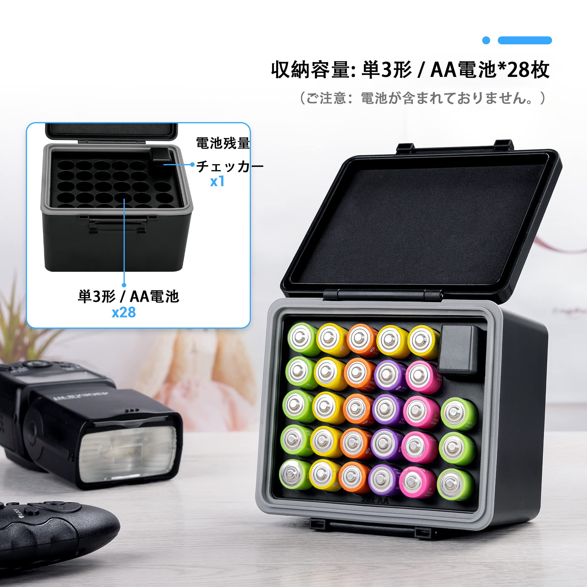 JJC 大容量 電池ケース 単3形 / AA電池 x28本+電池チェッカー 収納可能 電池収納ケース 電池残量 チェッカー 付き 単3形電池ケース AA電池ケース ABS製 丈夫 耐圧 耐衝撃 防水 防塵 耐摩耗性 電池保護 管理簡単 ブラック