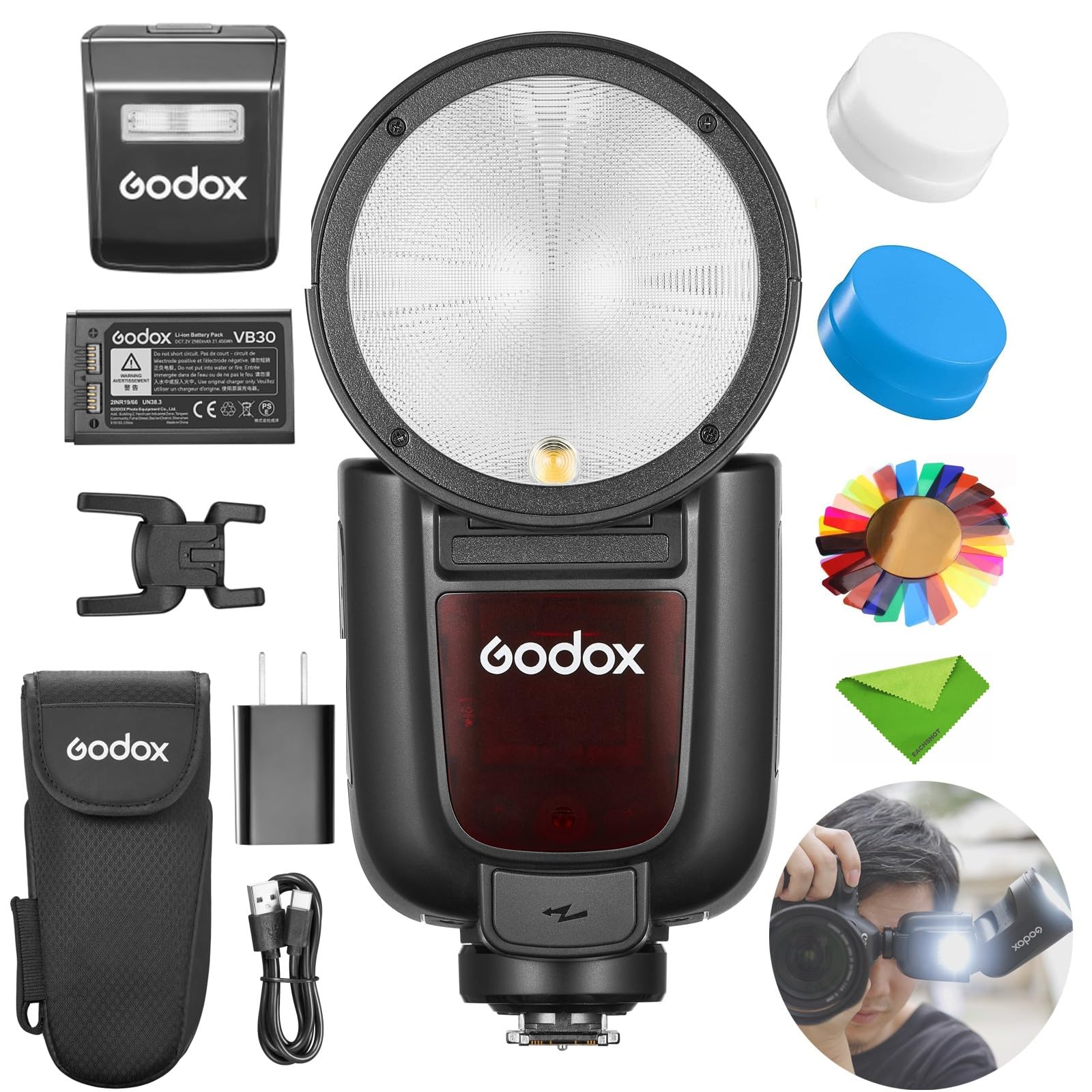Godox正規代理Godox V1Pro-F フラッシュ富士フイルムカメラ用,TTL スピードライト1/8000 HSS 500 フルパワーフラッシュ、1.3 秒のリサイクルタイム、2.4G ワイヤレス、外部フラッシュ SU-1 付き(V1Pro F)