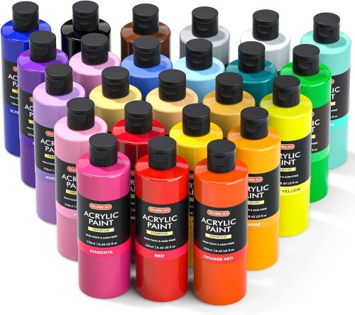 Shuttle Art アクリル絵の具 24色 250ml 大容量 絵の具セット 無毒 速乾 耐水 耐久 伸びがいい 鮮やか ボトル キャンバス/石/木材/セラミック/壁に描ける 画材 美術用品 イラスト 大人の塗り絵 アーティスト 美大生 学校用