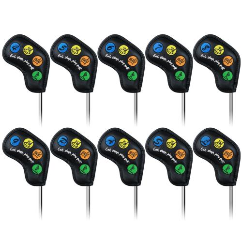 ゴルフアイアンカバー マグネット ウェッジカバー クラブヘッドカバー セット 10枚(4-9,P,A,S,L) 黒い合成皮革 かわいいパターン