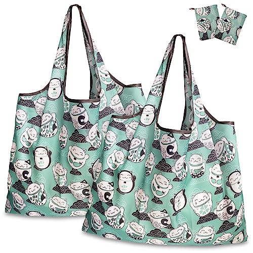[GOKEI] エコバッグ 2個入り 50×67cm 大容量 折りたたみ 買い物バッグ コンビニバッグ 防水素材 収納 水や汚れにも強い 軽量 コンパクト（猫柄*2）